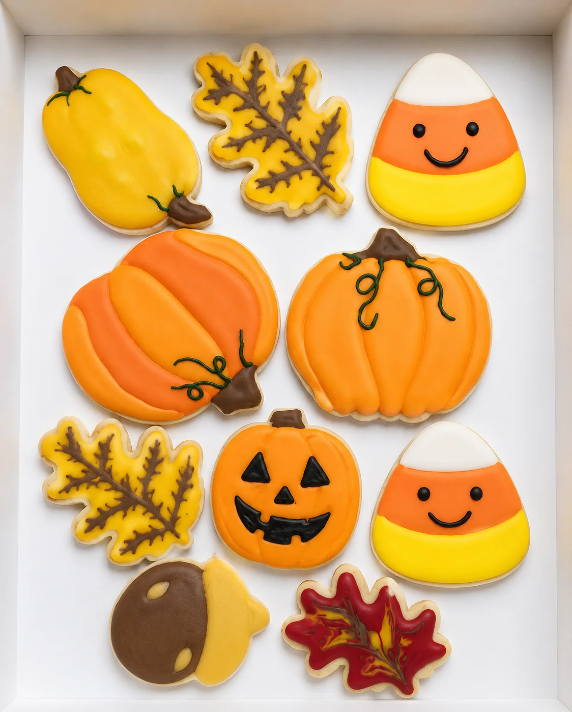 Colorful Halloween-themed sugar cookies in various shapes
