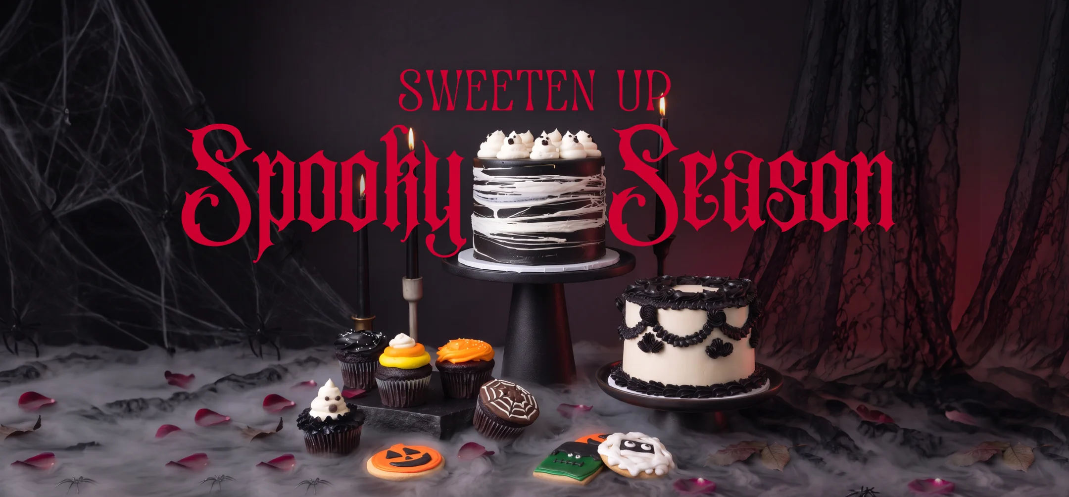 Halloween dessert display with decorated cakes and cupcakes for spooky season