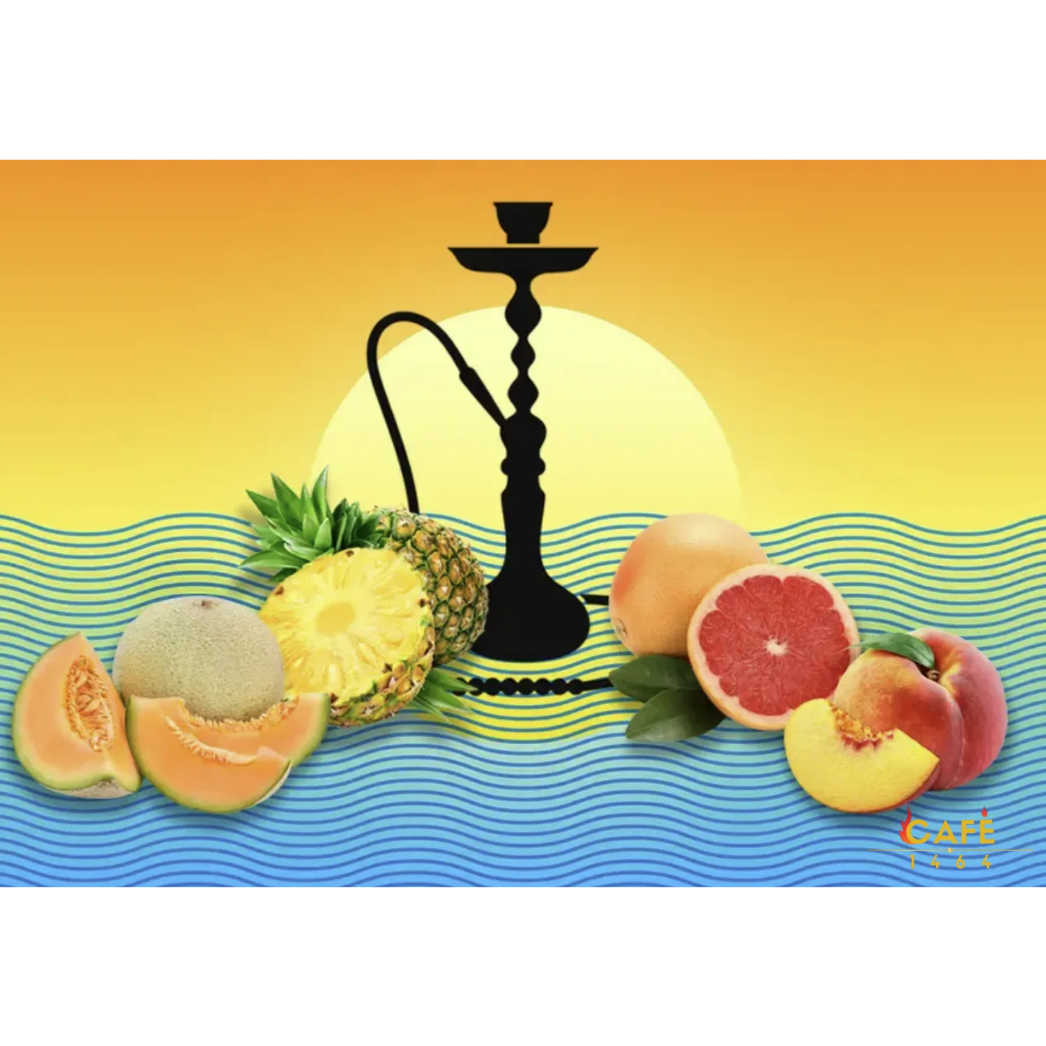 Colorful hookah with tropical fruits against a sunset backdrop