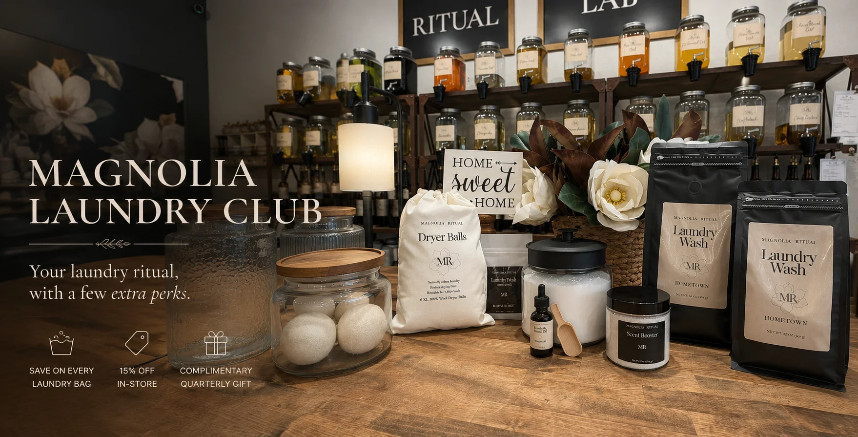 Magnolia Ritual Laundry Club featuring handcrafted laundry wash, dryer balls and home fragrance products in the Magnolia, Texas apothecary.