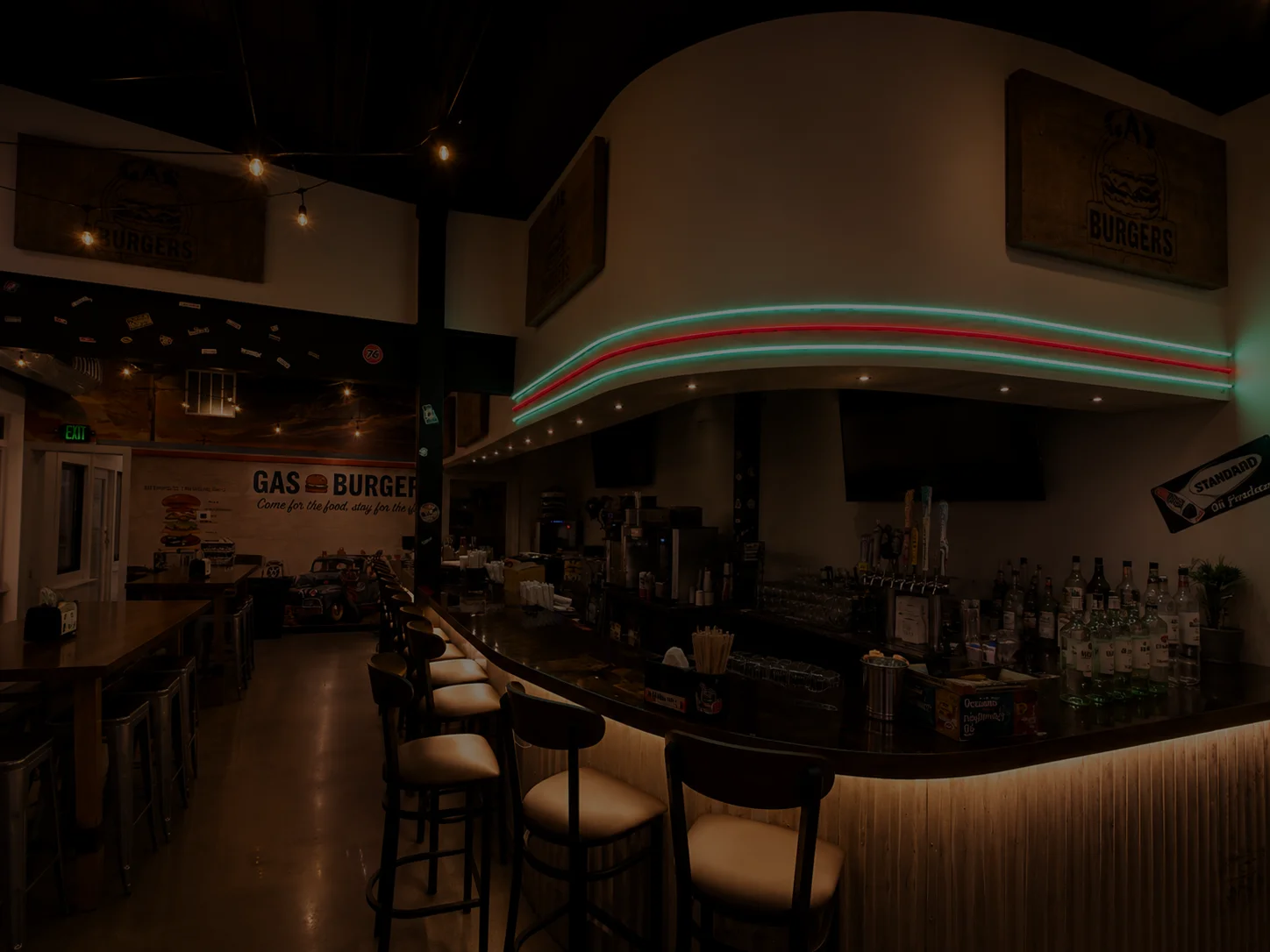Stylish restaurant bar with modern decor and ambient lighting