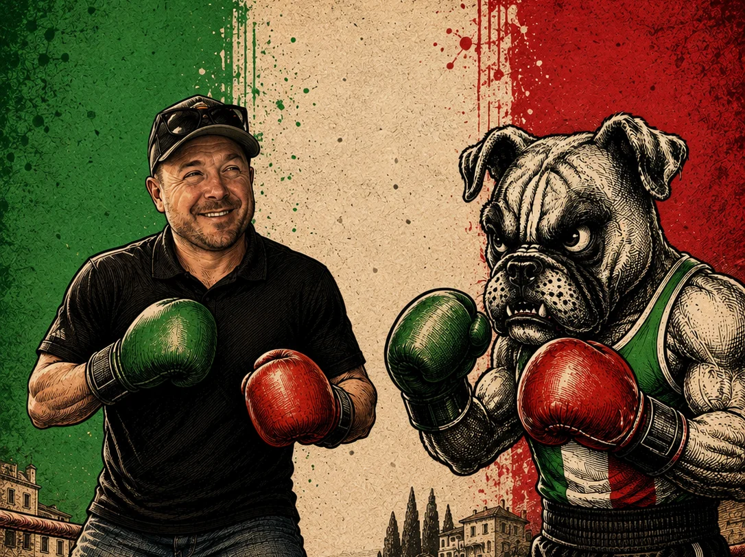 Boxing-themed illustration with a bulldog and a man in a ring