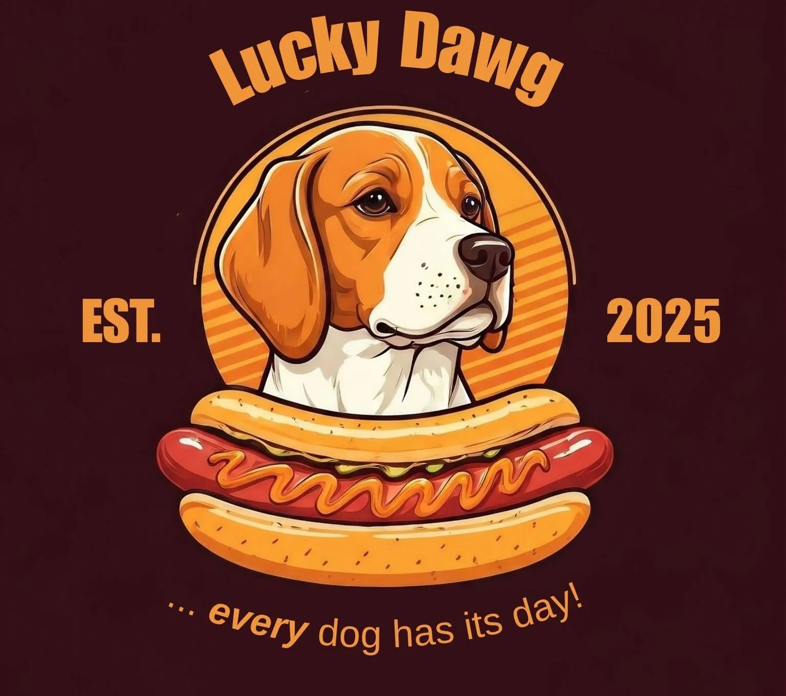 Illustration of a beagle with a hot dog, representing Lucky Dawg restaurant
