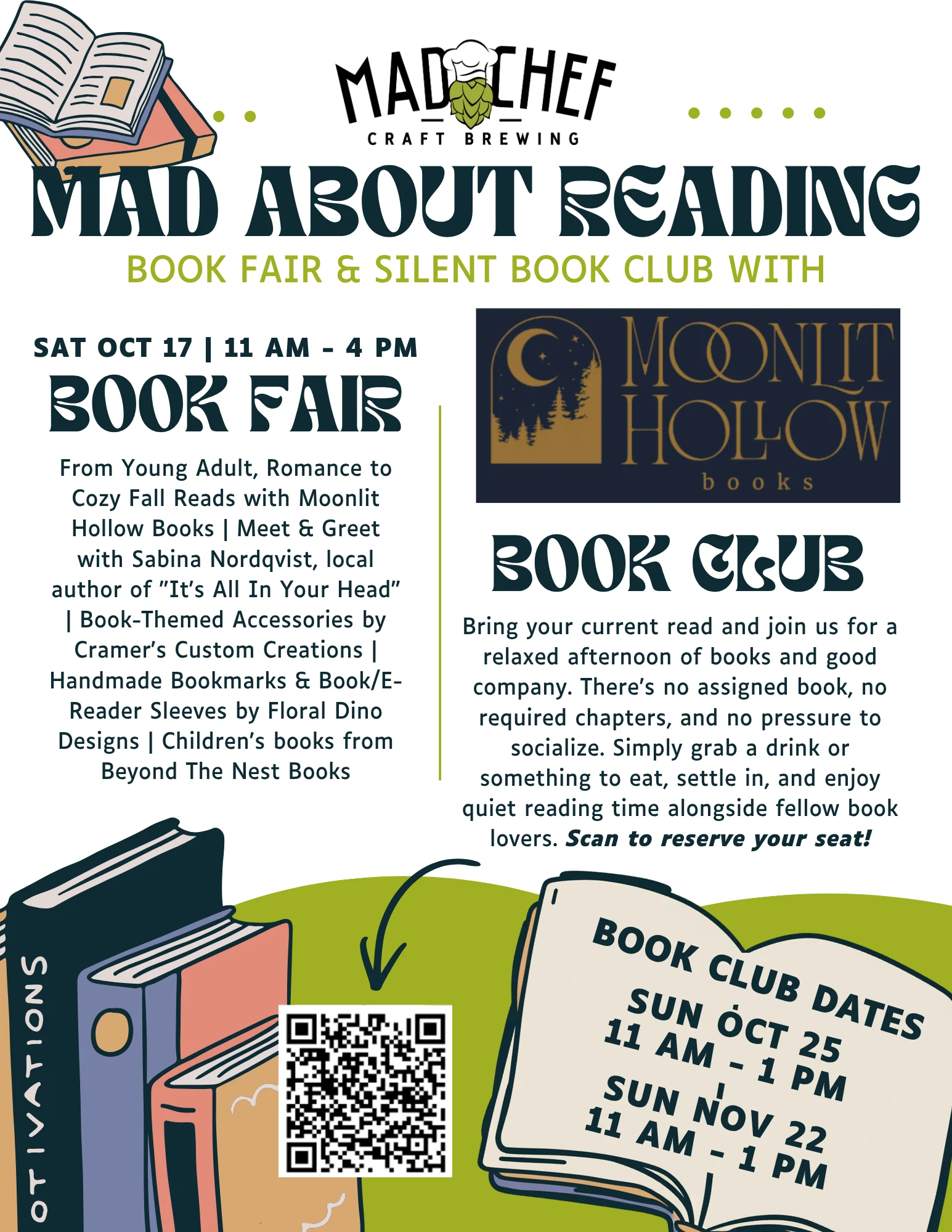 Promotional flyer for a book fair and silent book club event