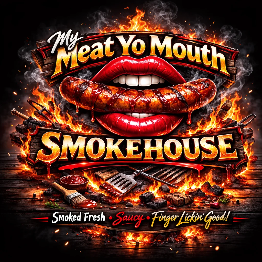 A vibrant and bold graphic featuring a smoked sausage, fiery flames, and promotional text for a smokehouse.