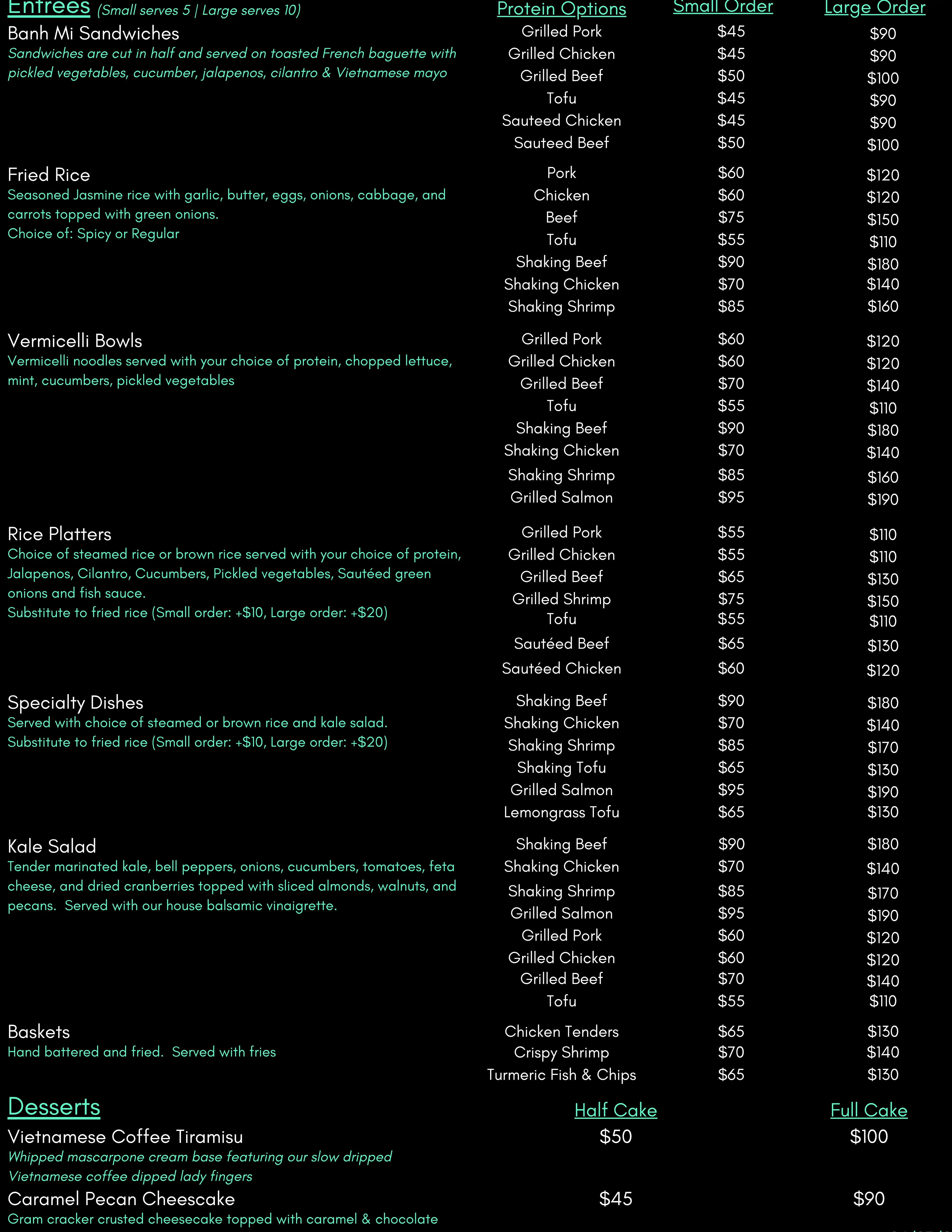 Menu featuring a variety of Vietnamese dishes and desserts