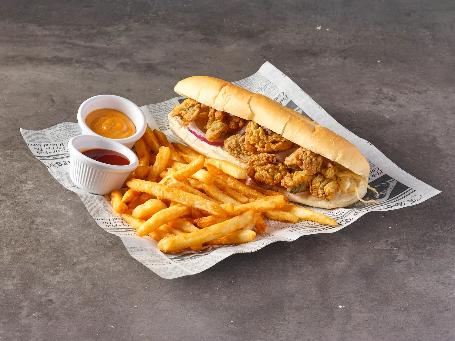 Crispy fried oyster po' boy sandwich with fries