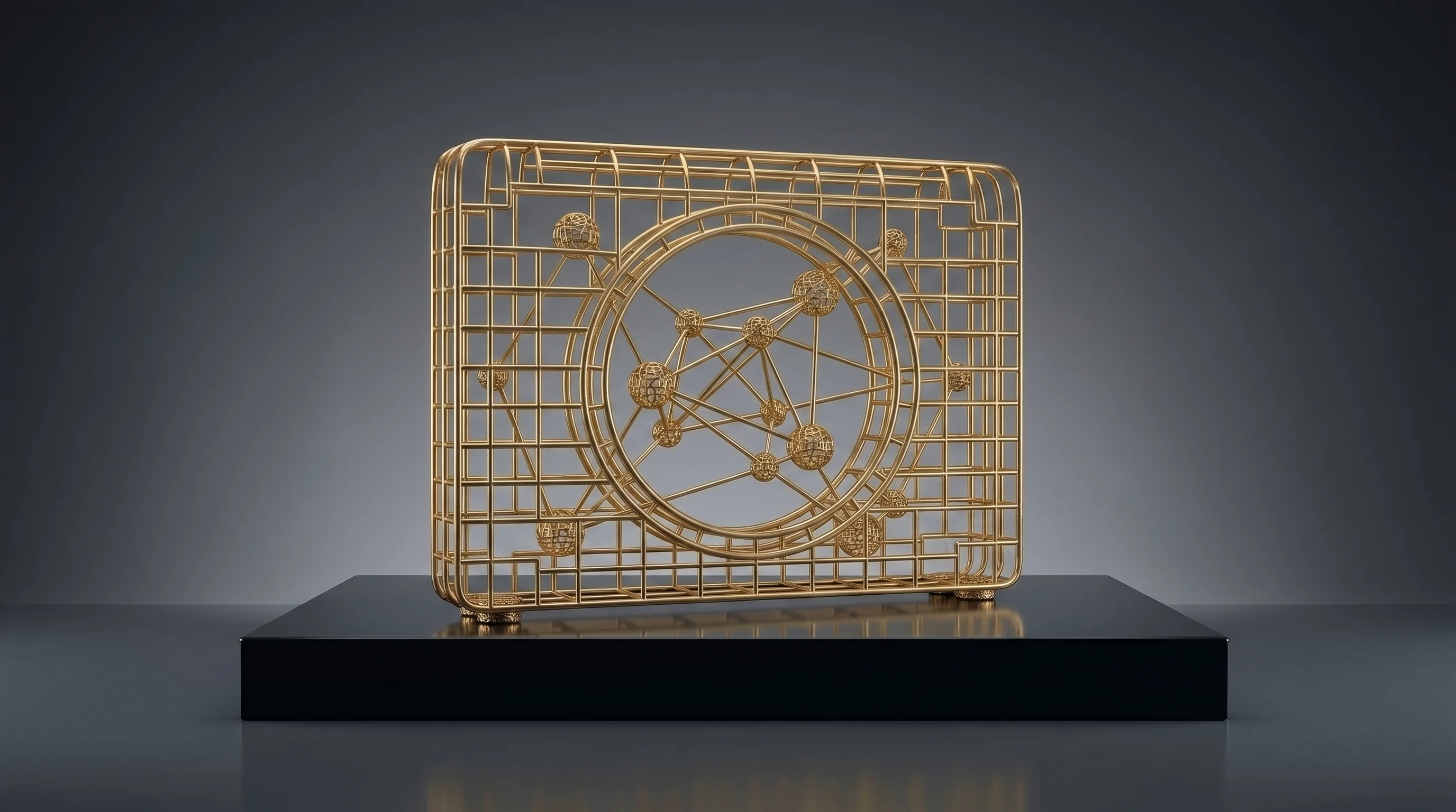Golden geometric sculpture on a black pedestal