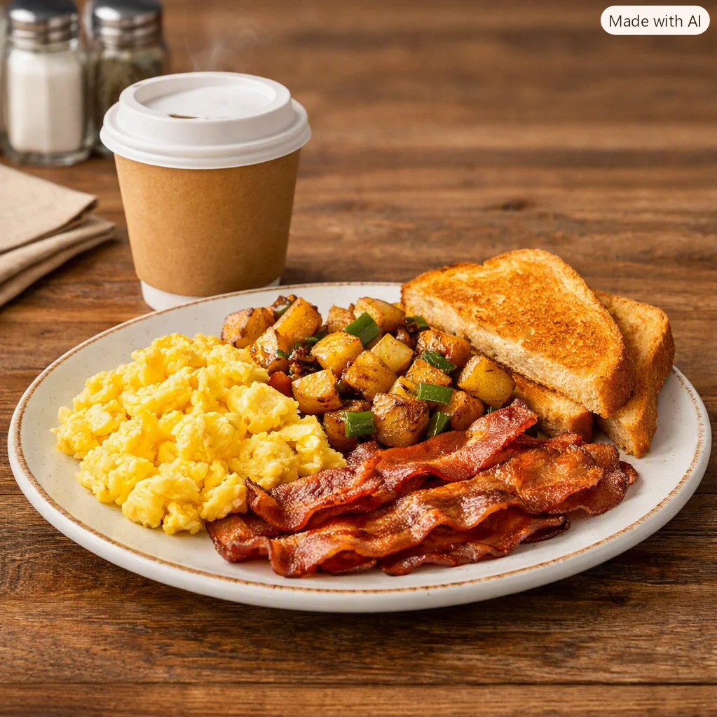 Classic American breakfast with scrambled eggs, bacon, and toast