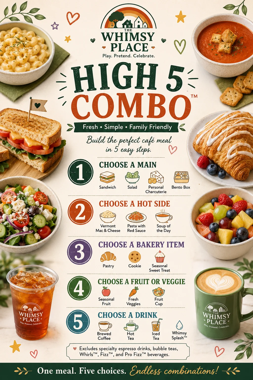 A colorful menu for the High 5 Combo meal, featuring options for a main, sides, bakery items, fruits, and drinks, with illustrations of the food choices.
