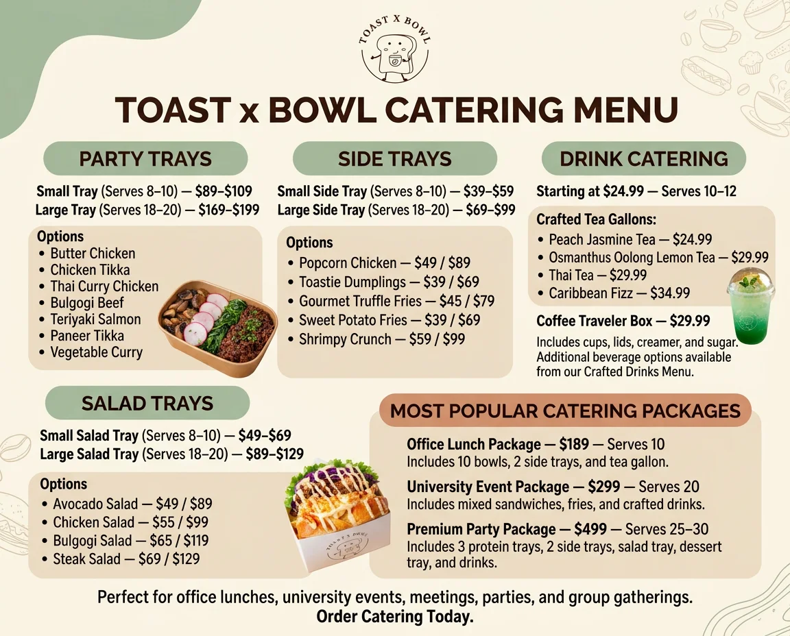 Catering menu featuring diverse Asian and fusion dishes