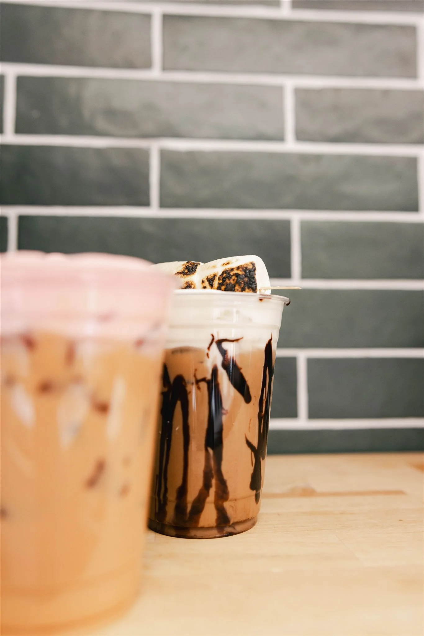 Iced chocolate drink with toasted marshmallow topping