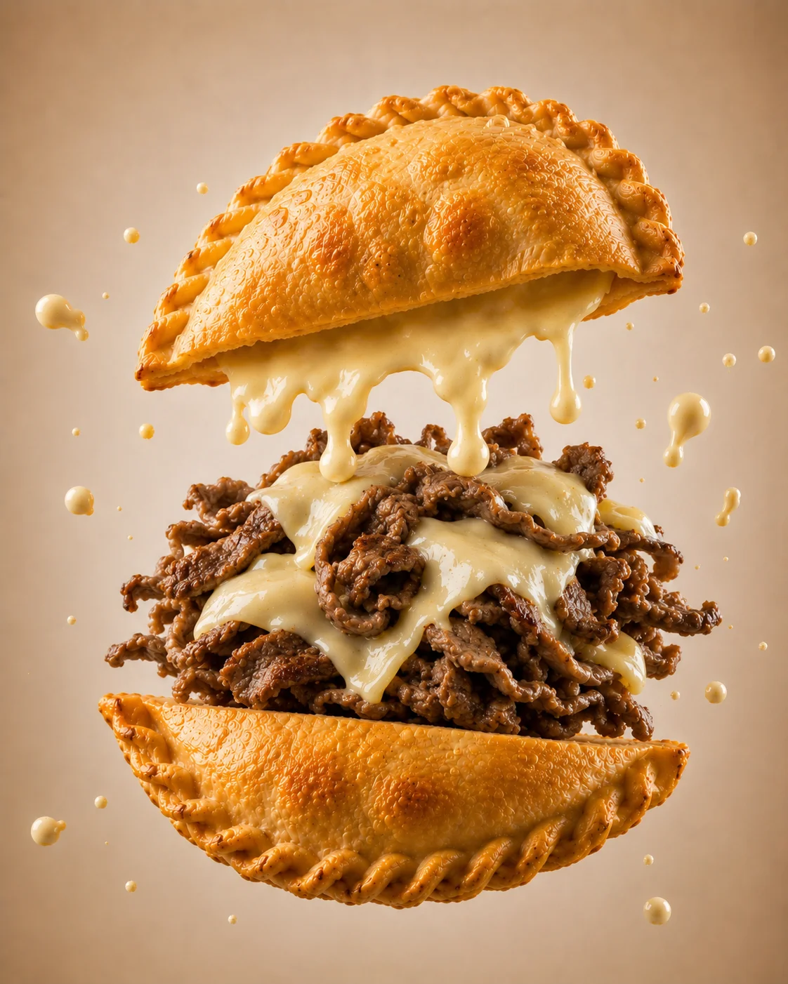 An empanada bursting open to reveal tender beef topped with a gooey cheese sauce, with drips of sauce around it.