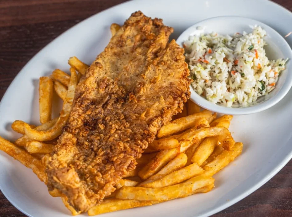 Southern fried catfish with fries and coleslaw