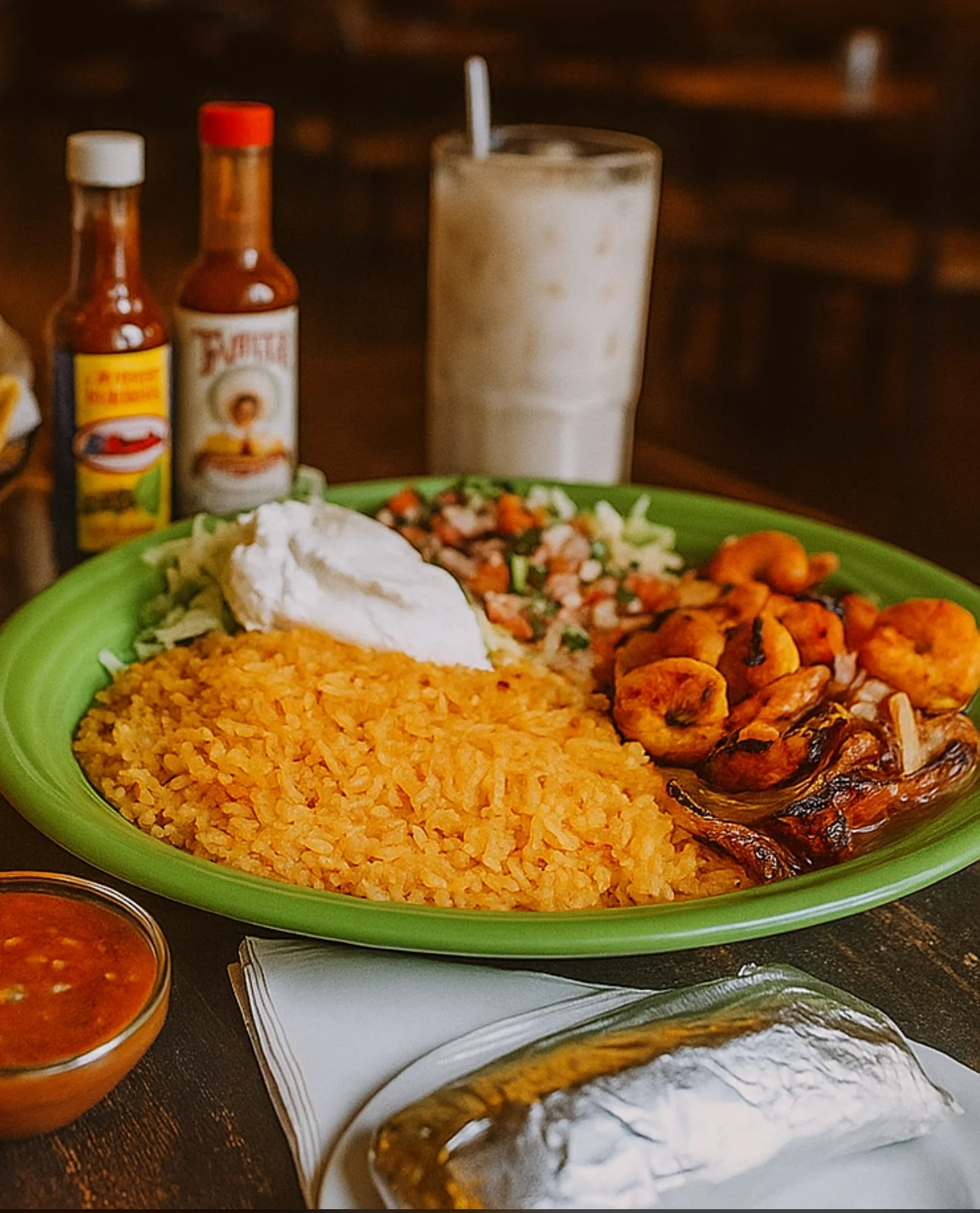 Mexican shrimp fajitas with rice and salad