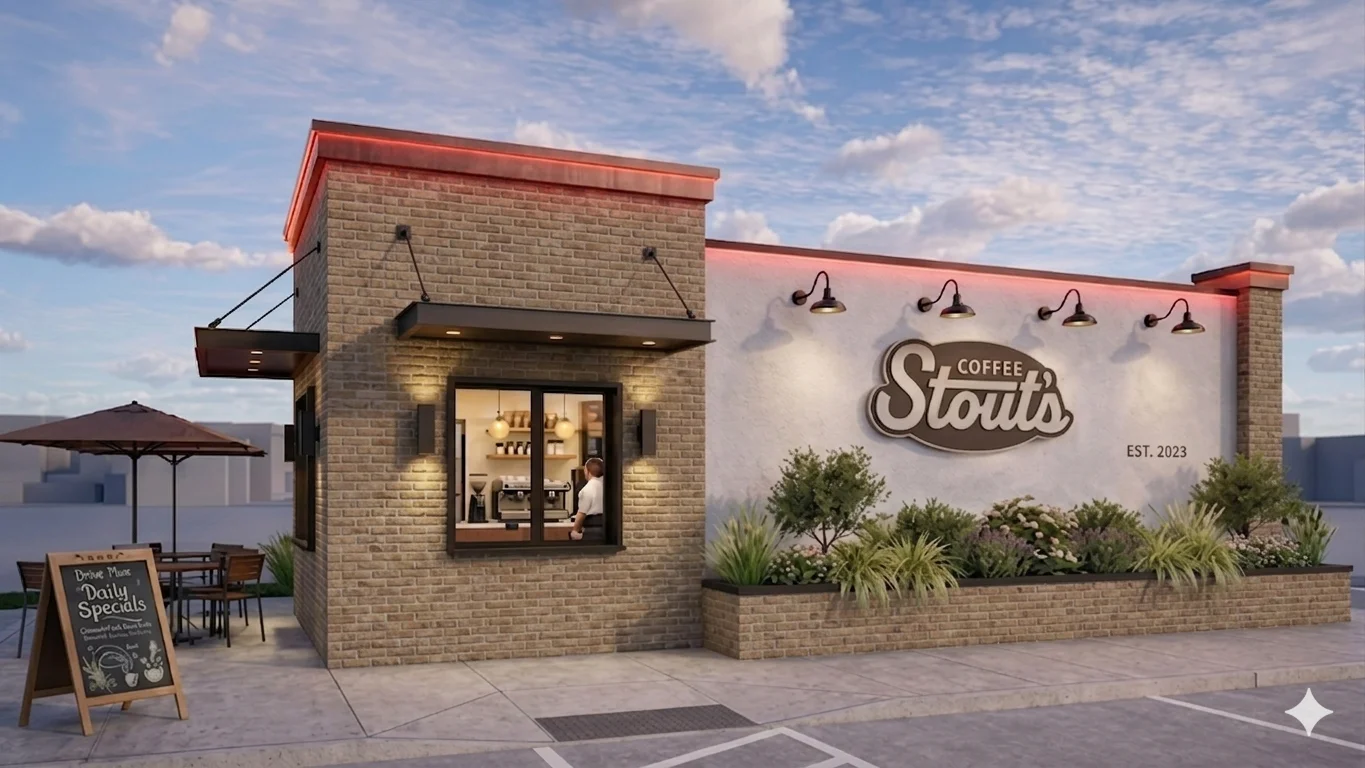 Architectural rendering of the future Stouts Coffee location in Devine, Texas