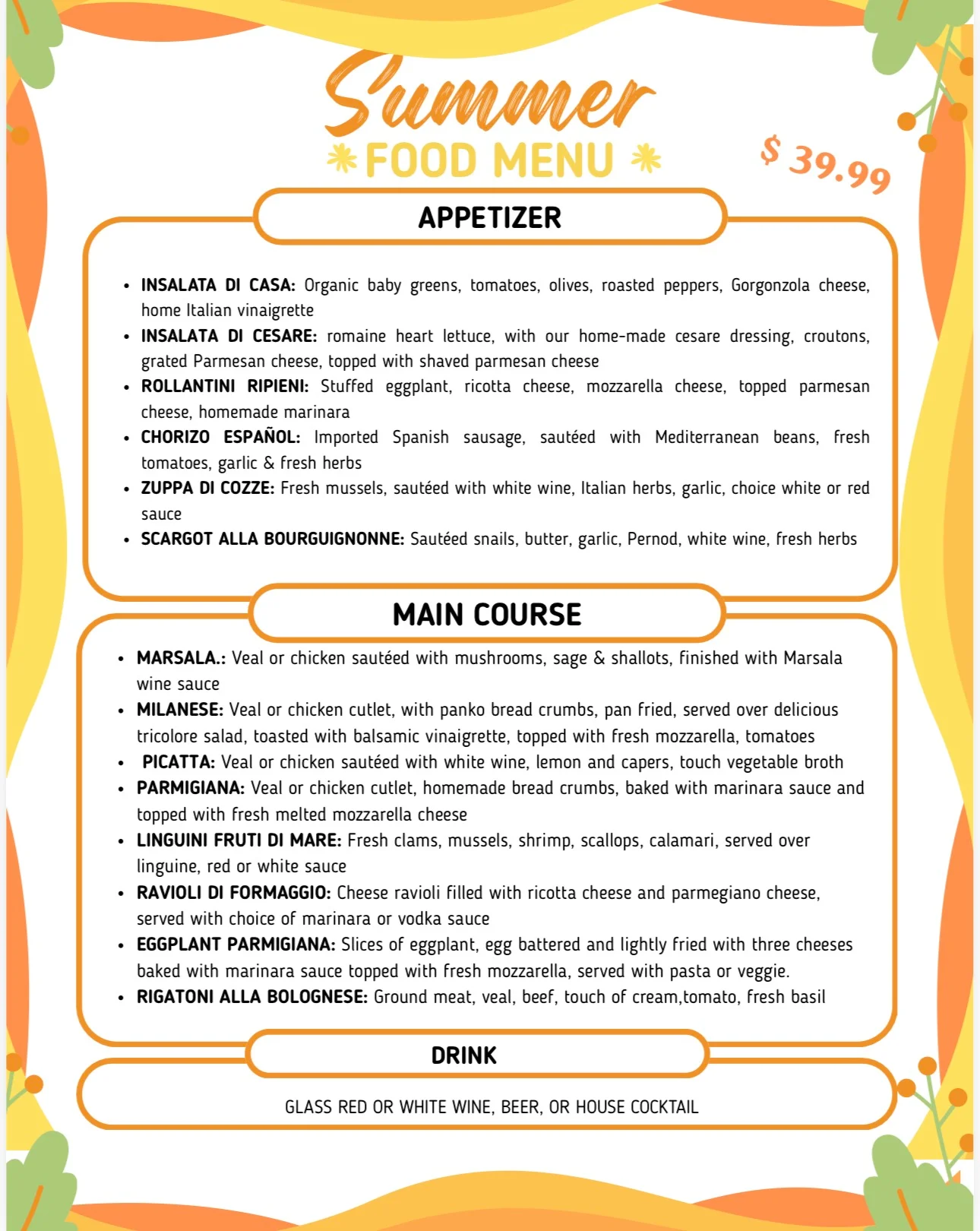 Italian summer menu featuring classic dishes