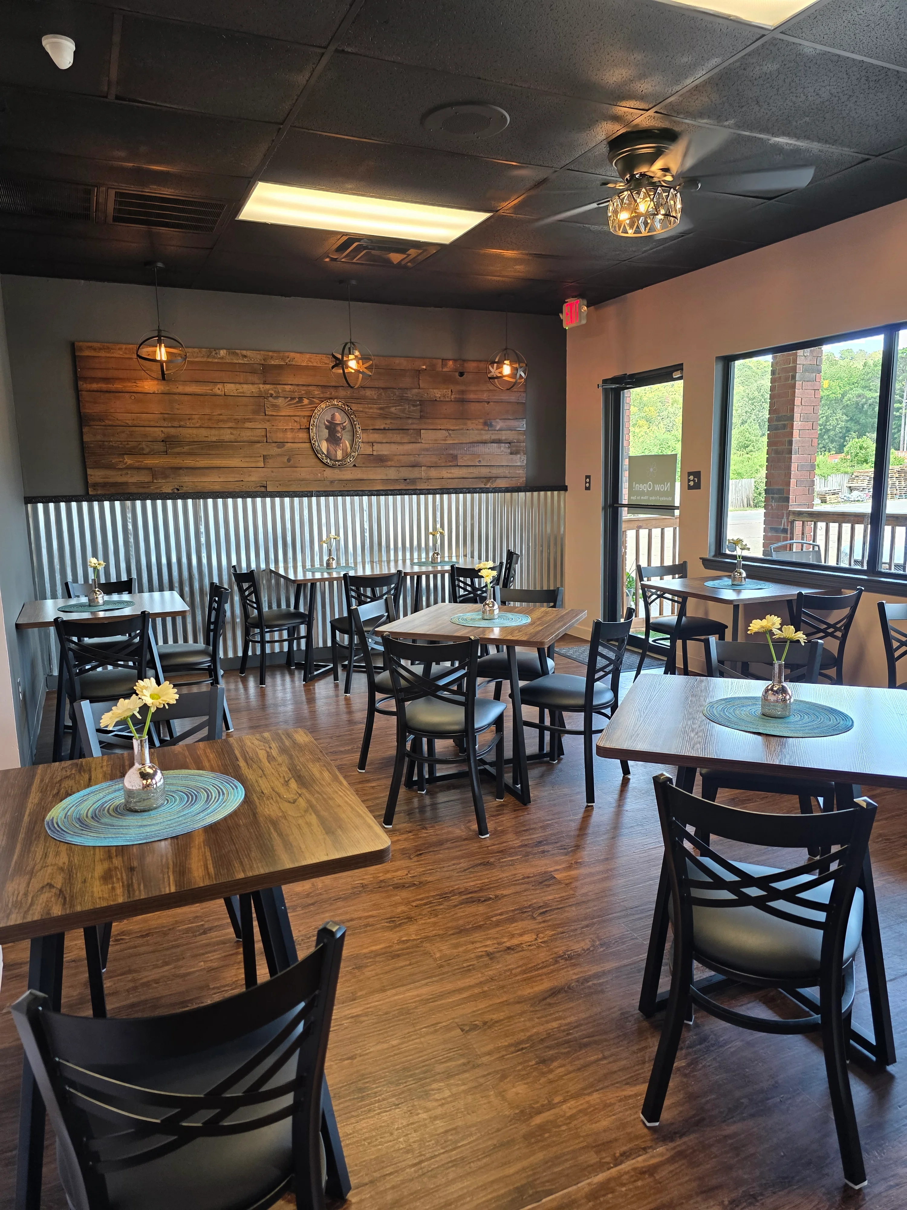 Cozy restaurant interior with wooden accents and modern lighting