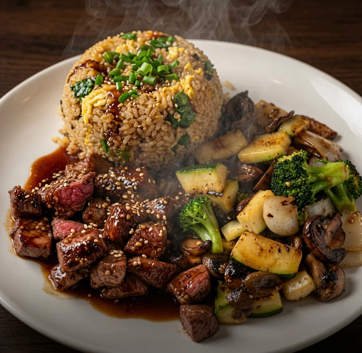 A hearty serving of hibachi filet mignon with fried rice and assorted vegetables, presented steaming on a white plate.