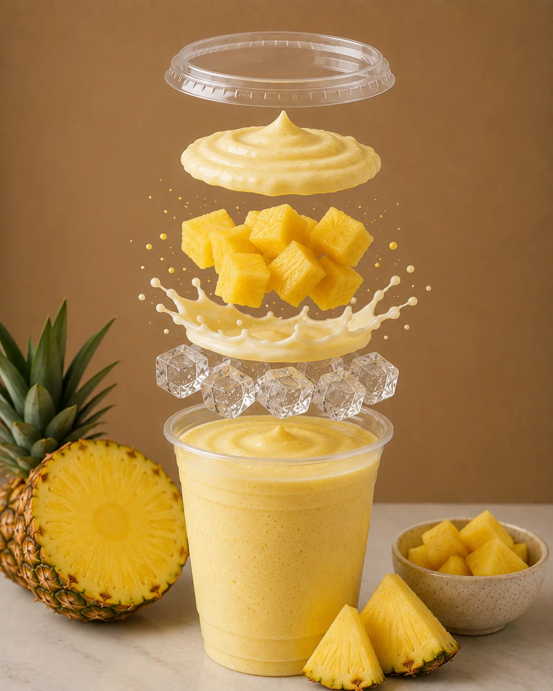 An artistic representation of a pineapple smoothie, showcasing layers of blended pineapple, ice, and whipped topping, with fresh pineapple chunks around.