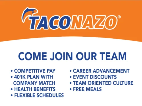 Job Benefits List: Competitive Pay, 401k with Company Match, Health Benefits, Flexible Schedule, Career Advancement, Event Discounts, Team Oriented Culture, and Free Meals