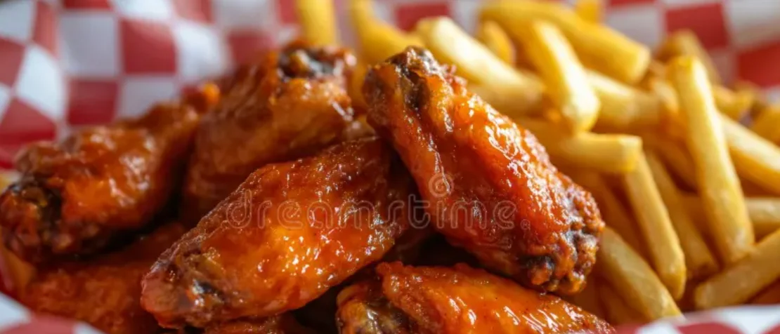 Crispy buffalo chicken wings with fries