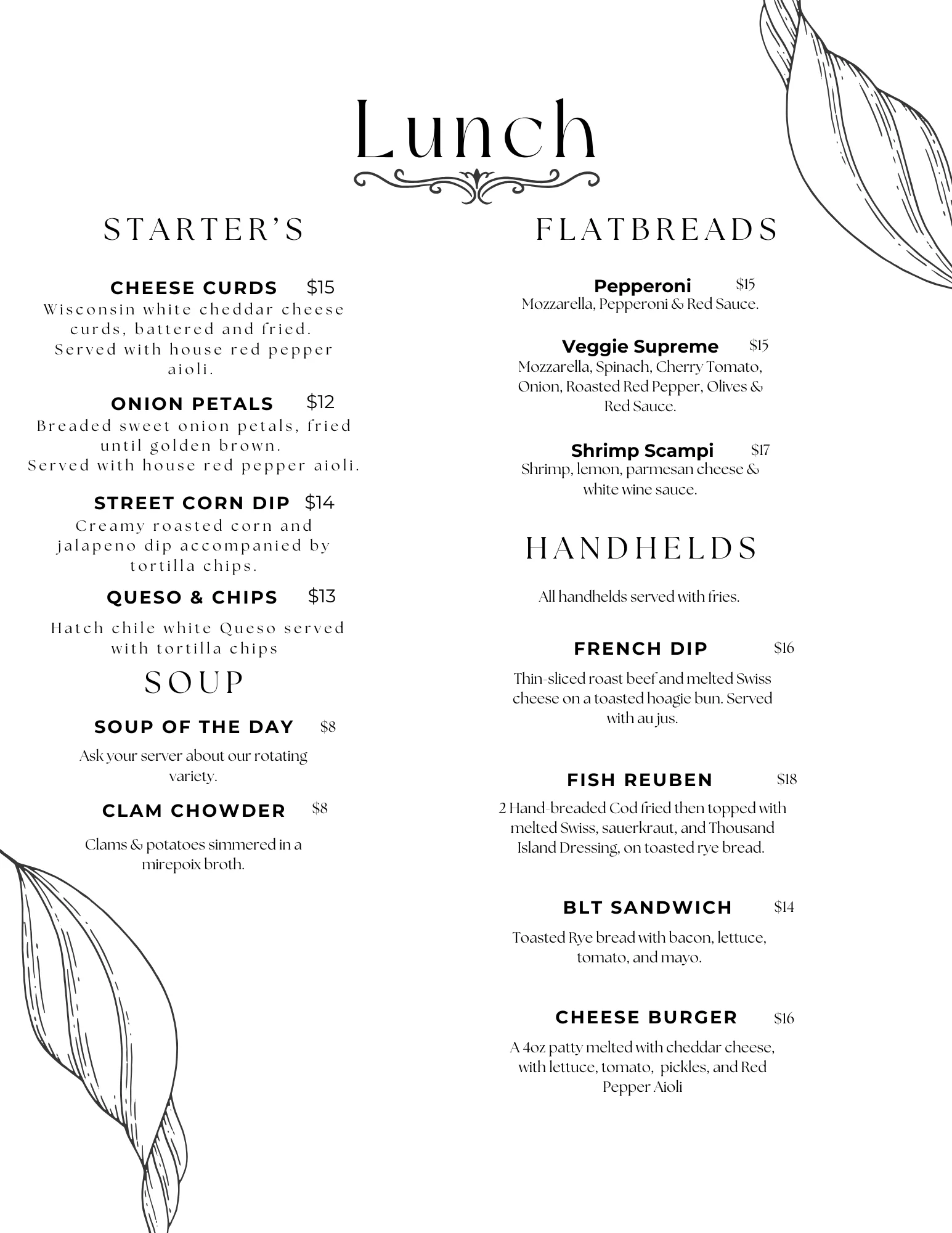 Lunch menu featuring American comfort food and flatbreads