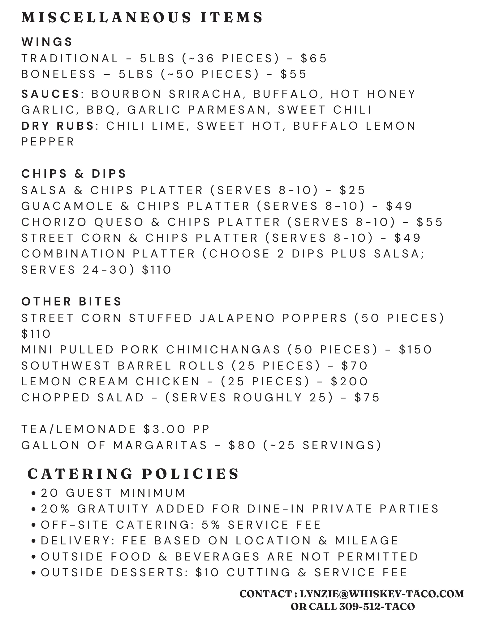 Catering menu featuring assorted appetizers and dips for gatherings