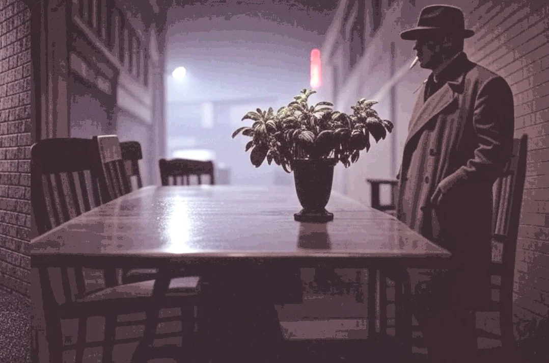 Mysterious figure in a dimly lit alley with a table and plant