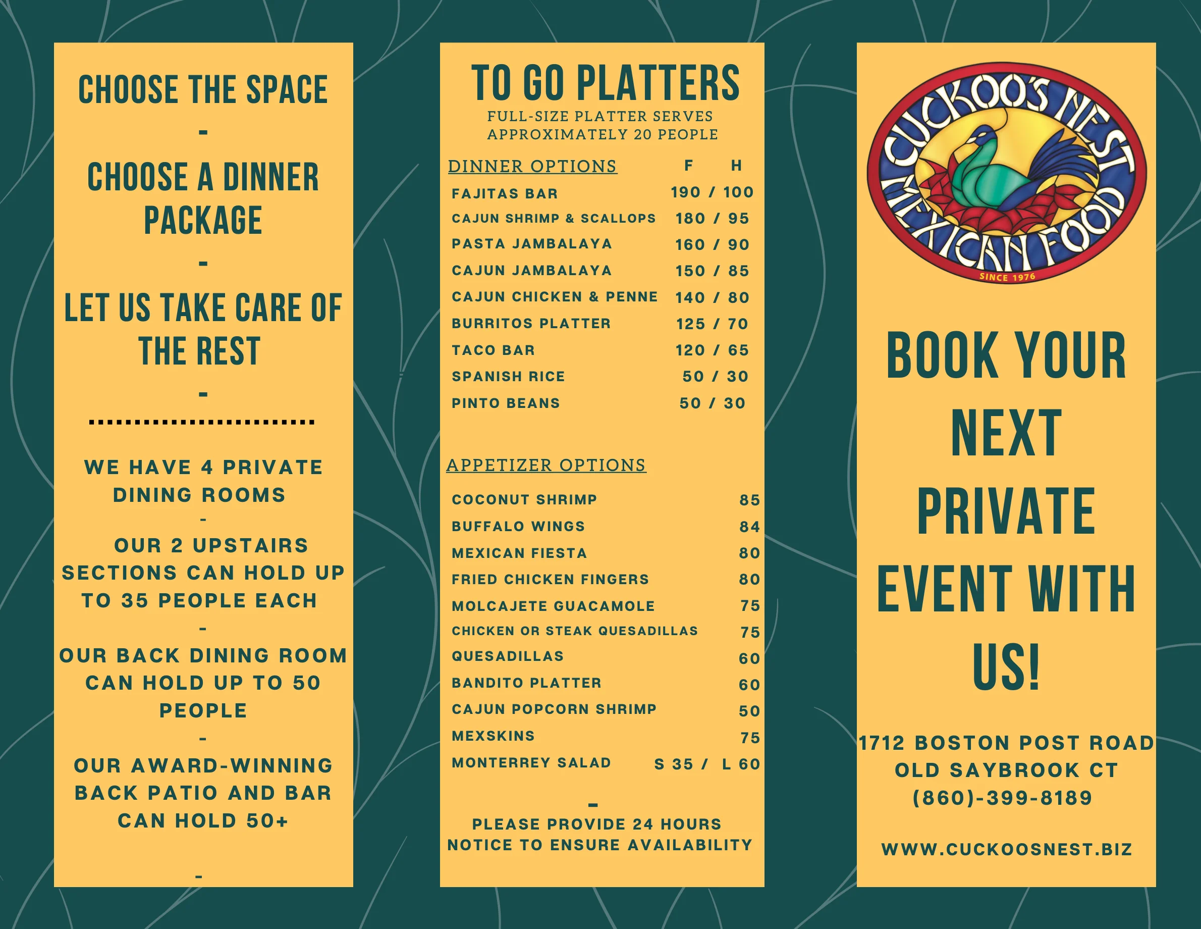 Cuckoo's Nest restaurant menu for private events and to-go platters