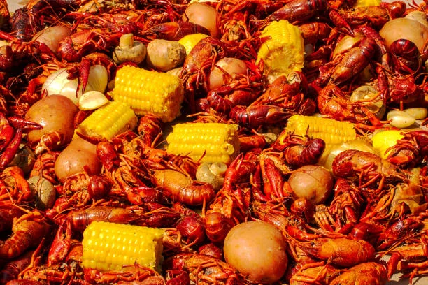 Louisiana crawfish boil with corn and potatoes