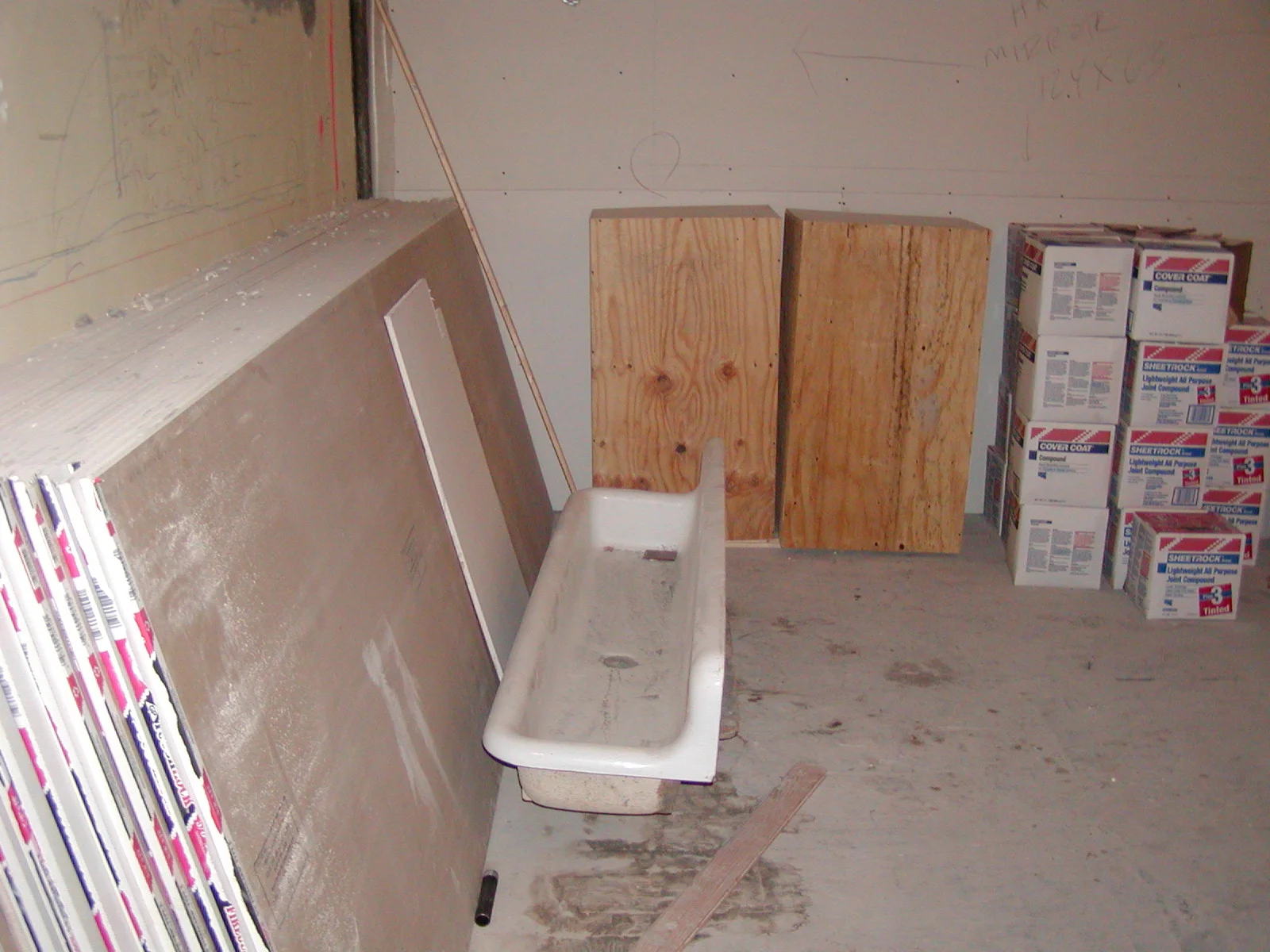 Construction materials and tools in a storage area