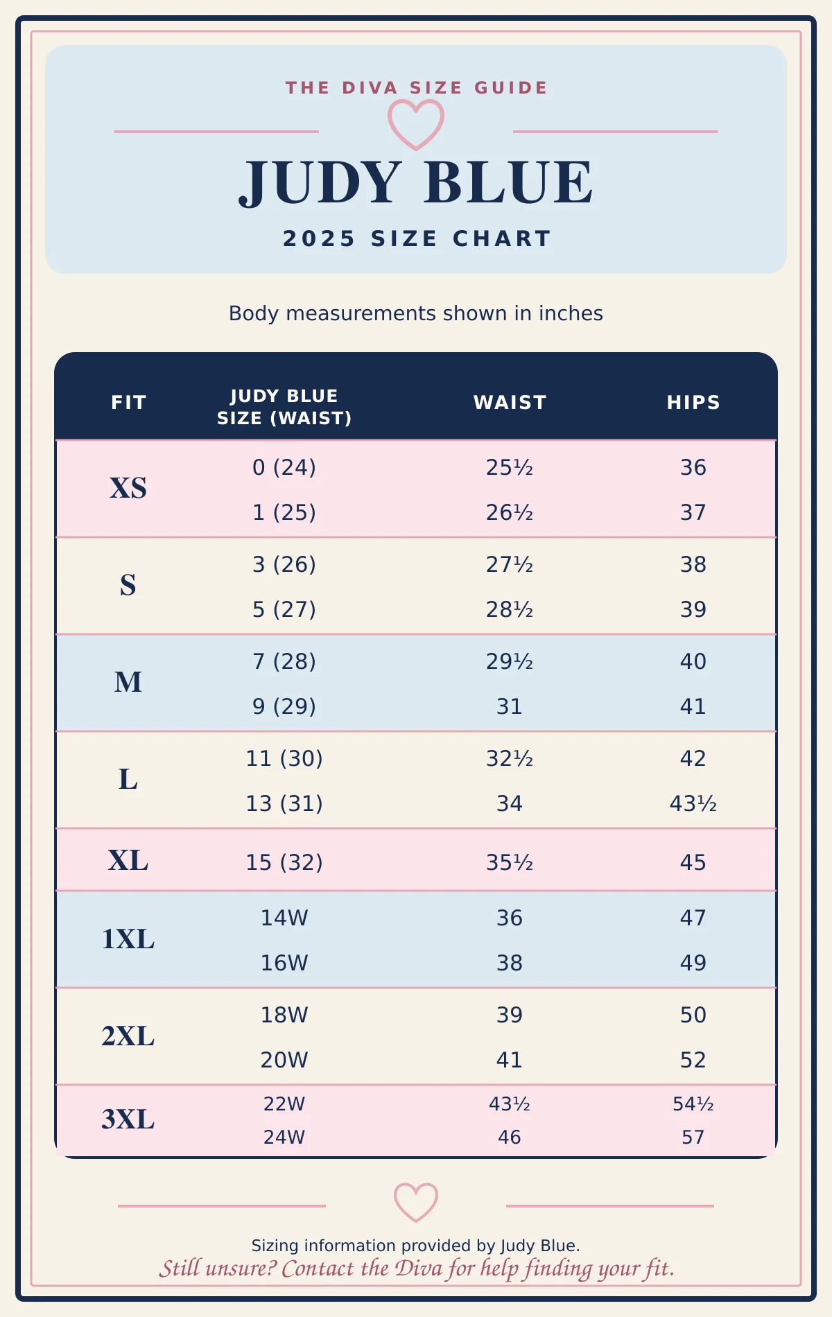 Judy Blue 2025 size chart for women's clothing