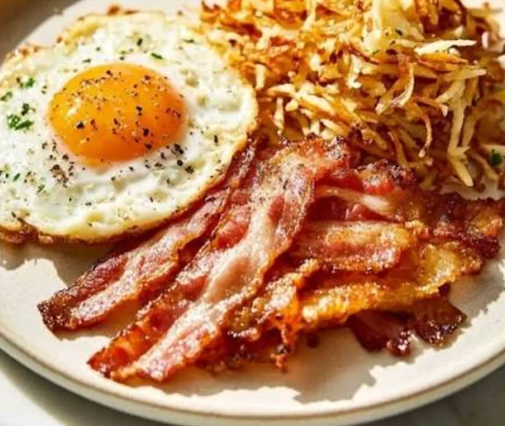 Classic American breakfast with eggs, bacon, and hash browns