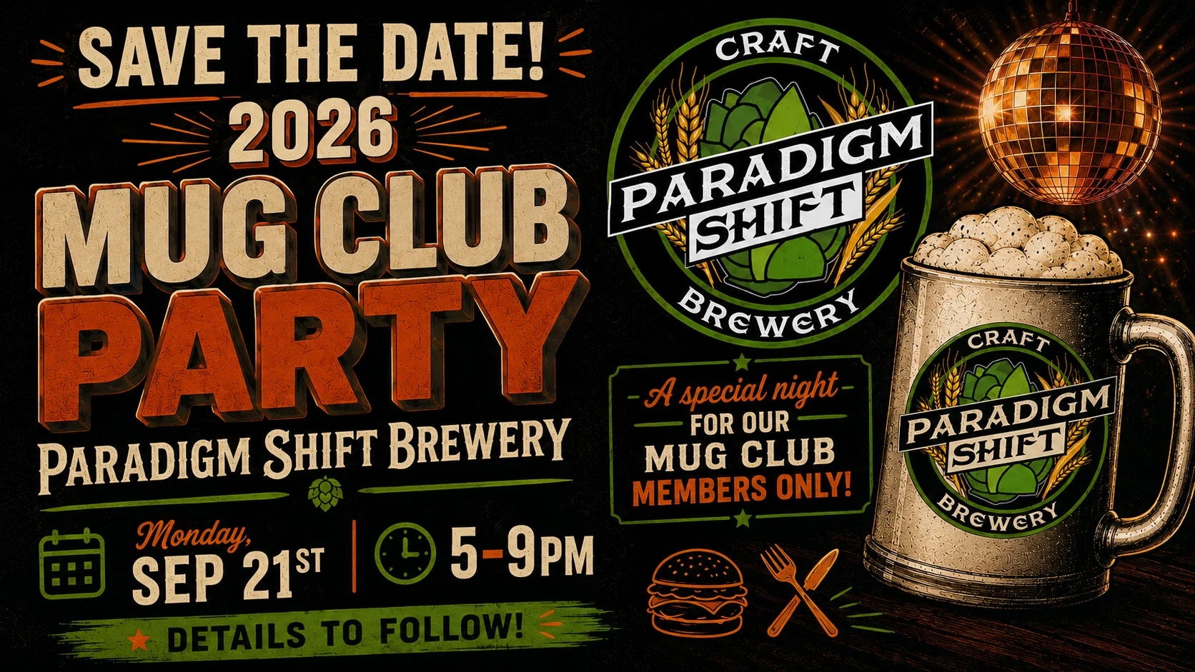 Promotional poster for Paradigm Shift Brewery's Mug Club Party