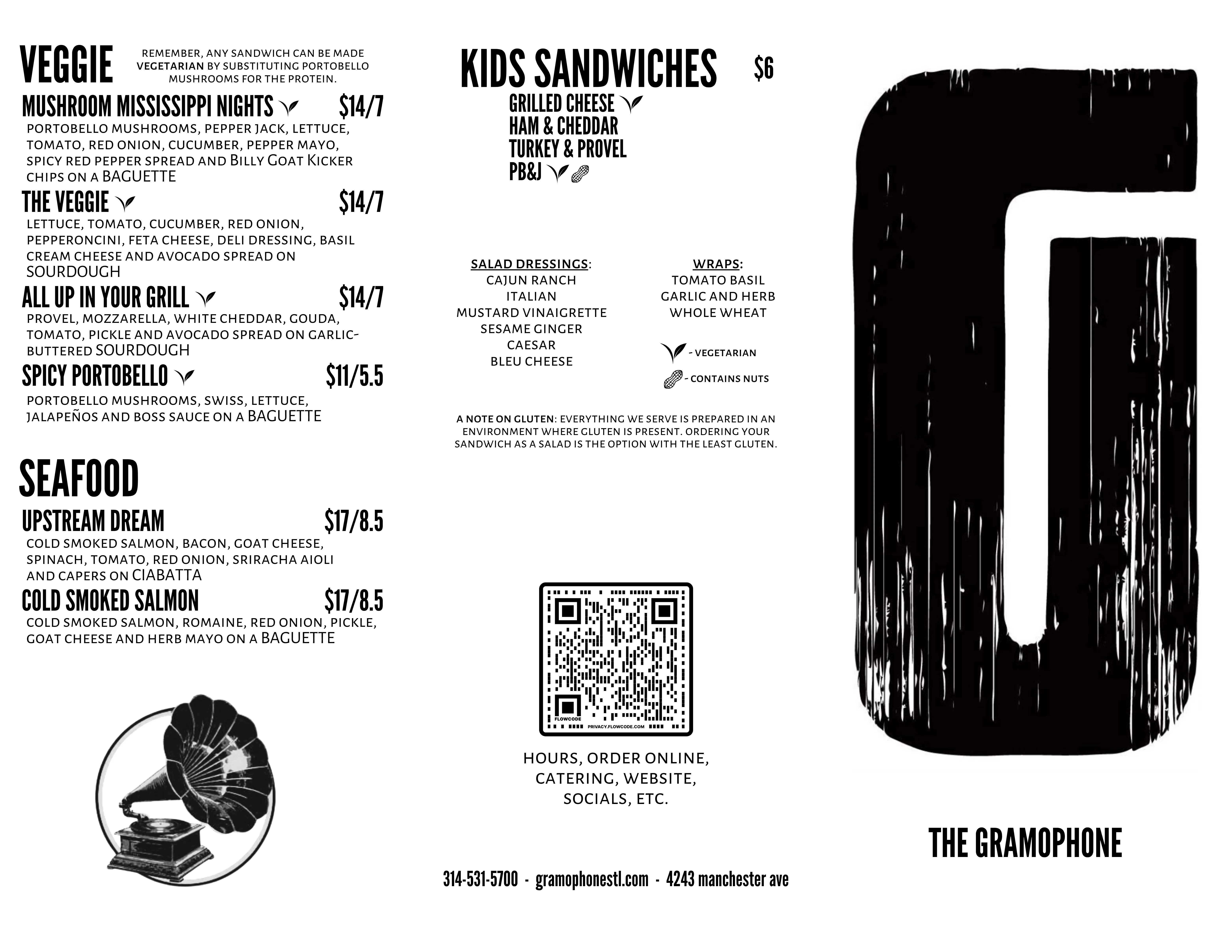 Menu featuring gourmet sandwiches and kids' options at The Gramophone