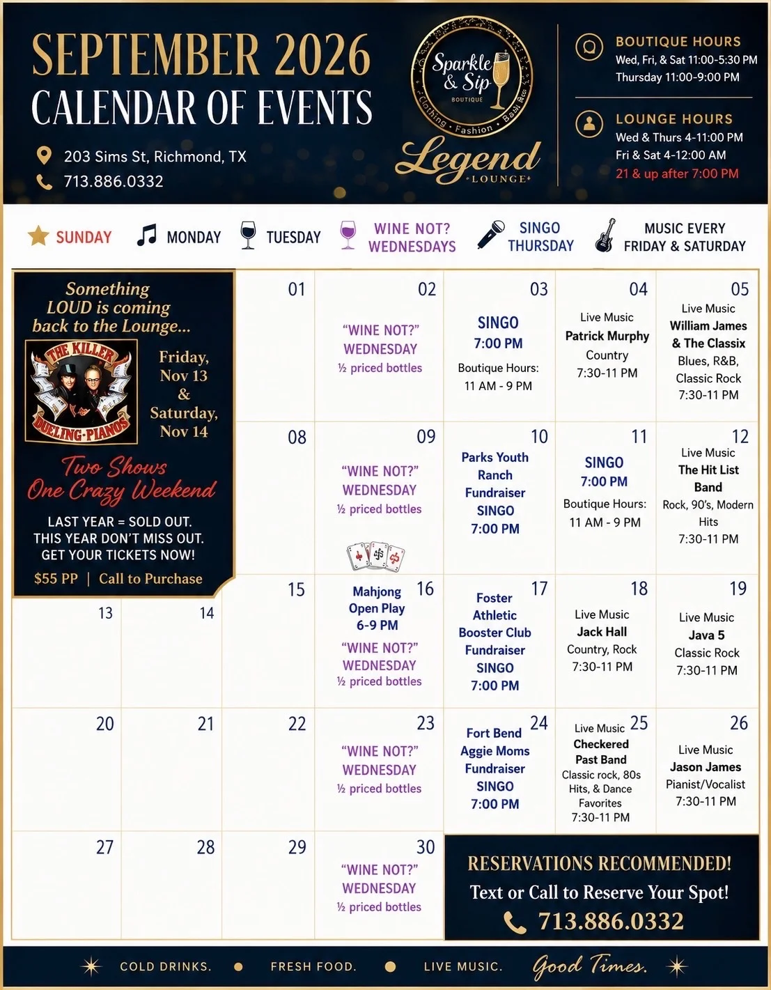 Event calendar for Legend Lounge featuring live music and dining events