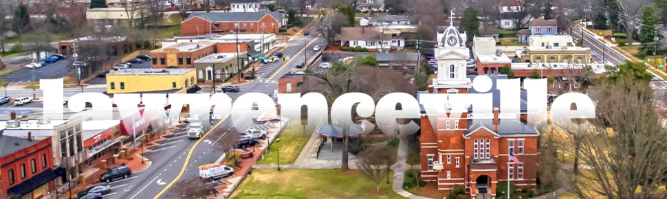 Aerial view of Lawrenceville town with historic buildings and streets