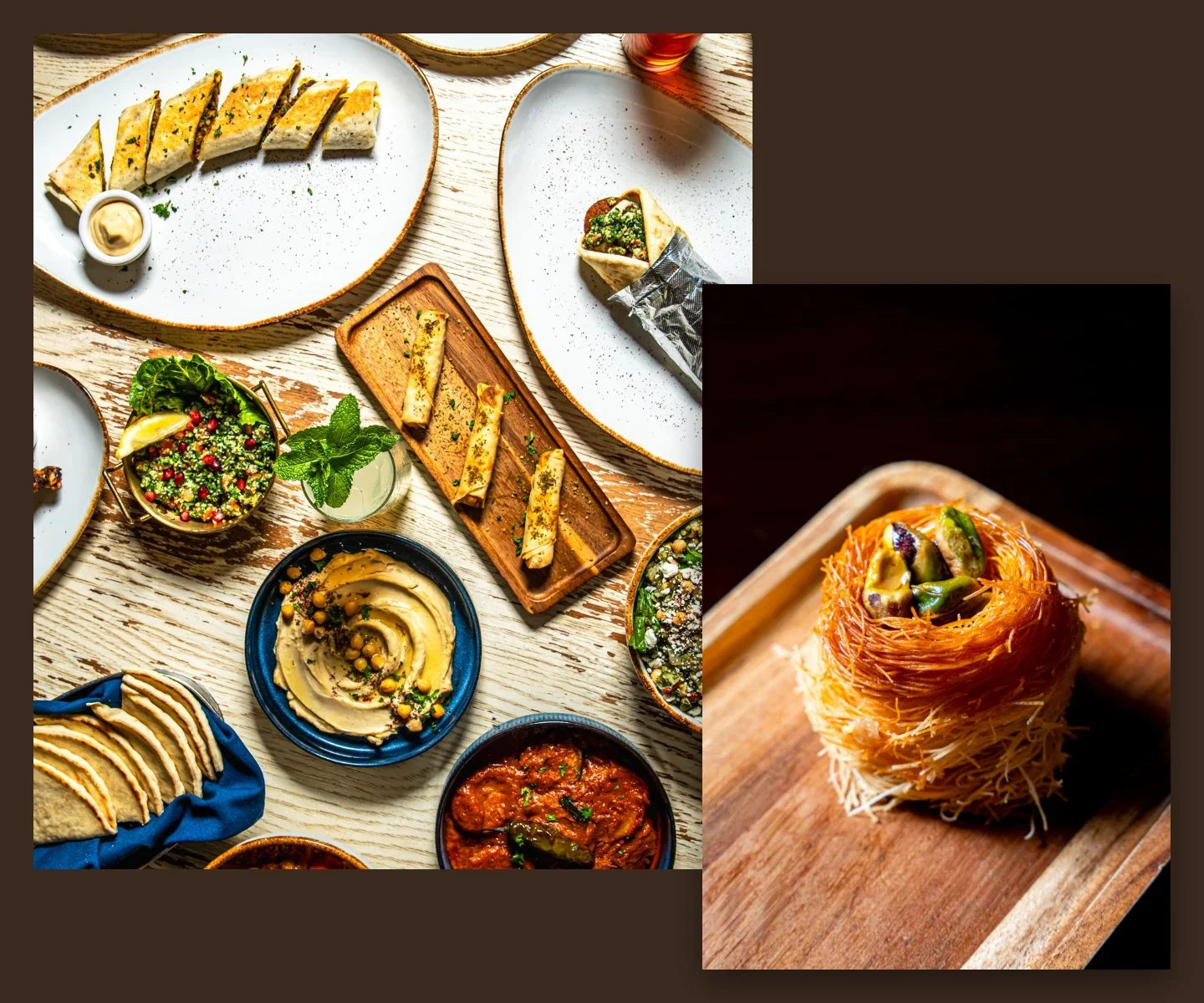 Overhead spread of Tripoli's mezza, wraps and Bourek beside a kunafa nest