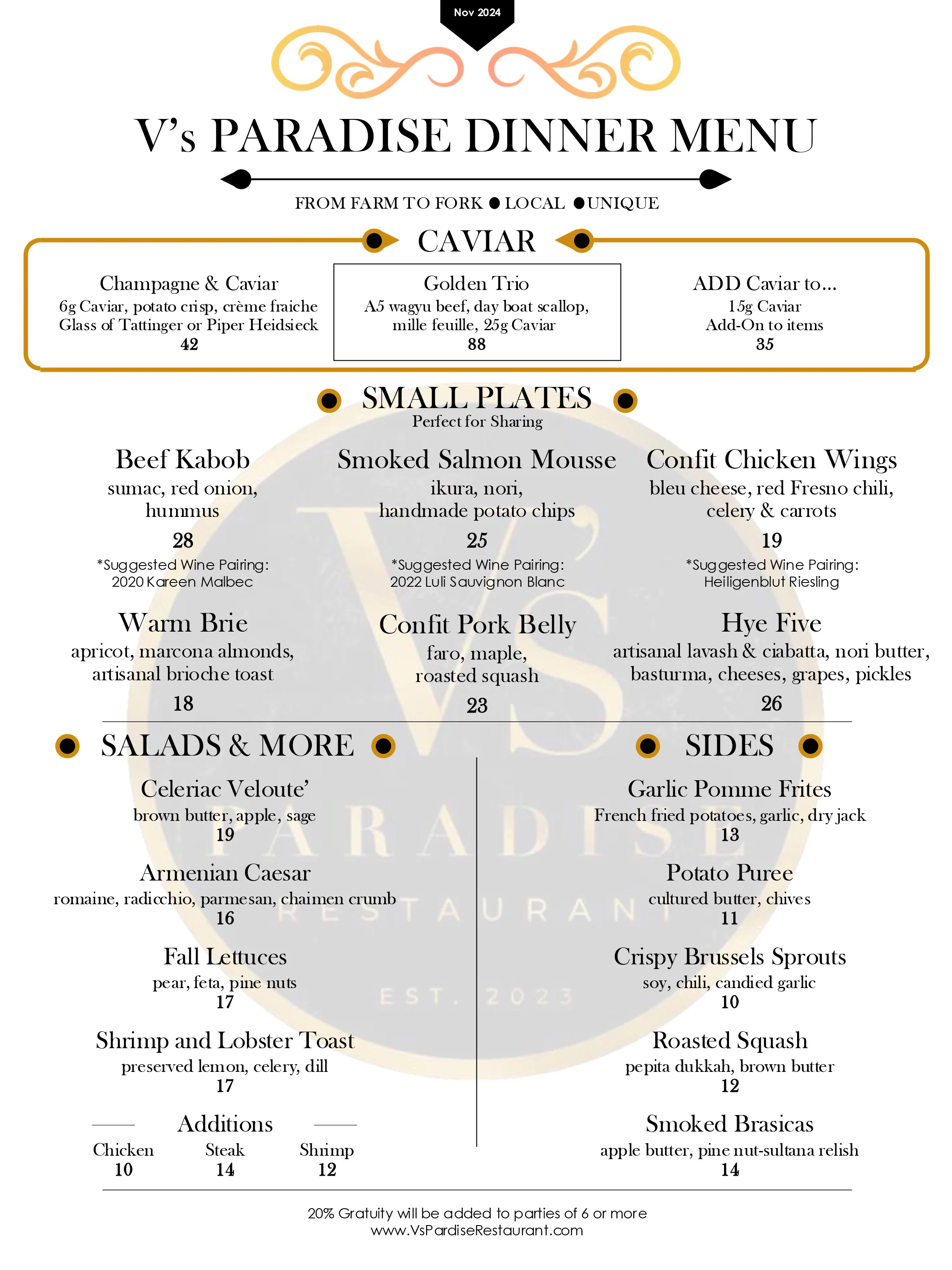 Elegant dinner menu featuring caviar and gourmet small plates