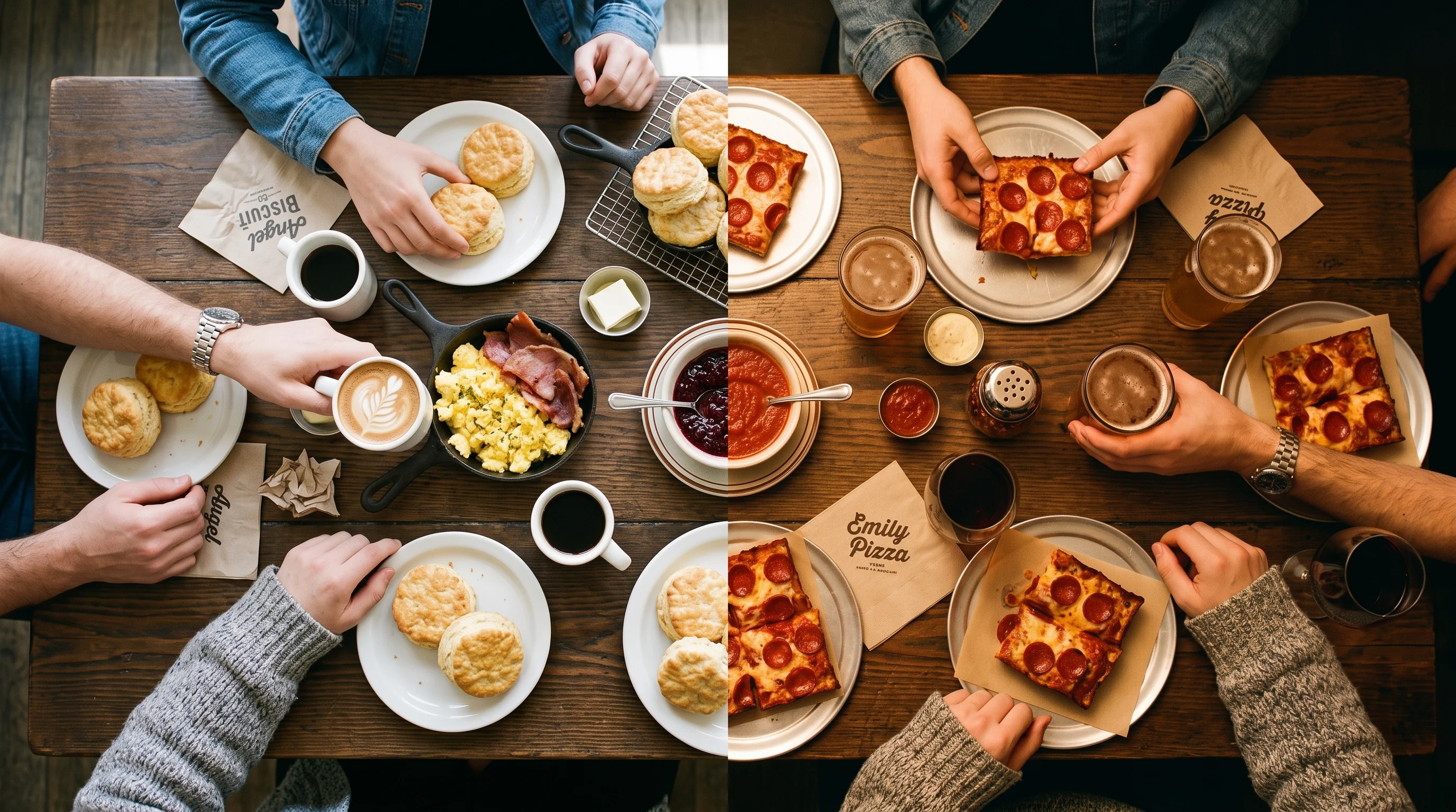 Brunch spread featuring Southern biscuits and pepperoni pizza