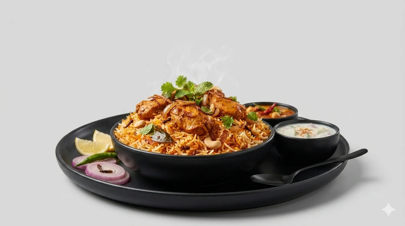 Aromatic chicken biryani served with raita and condiments