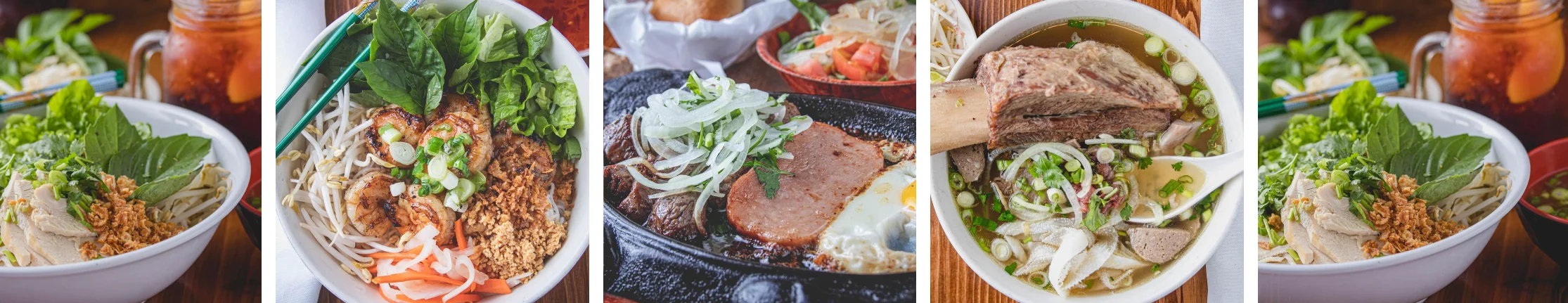Assorted Vietnamese dishes including pho and grilled shrimp rice bowl