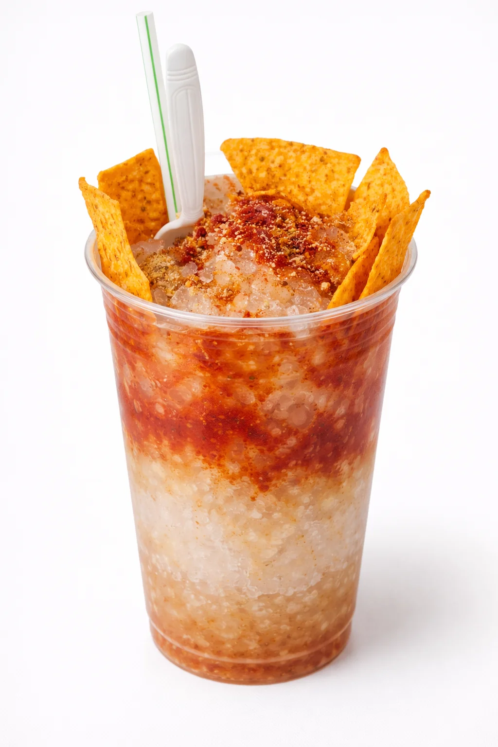 A dessert drink featuring a mix of crushed ice, syrup, and topped with crispy chips, served with a spoon and straw.