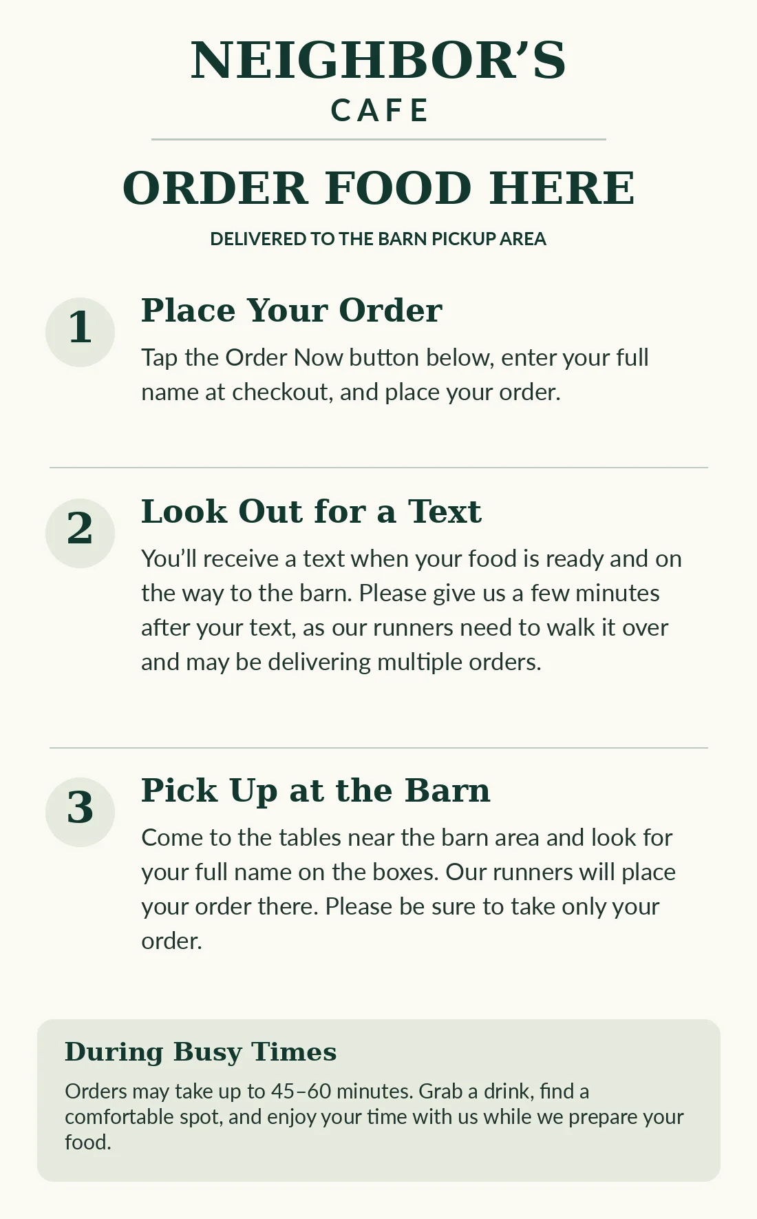 Restaurant pickup instructions infographic for online orders and wait times