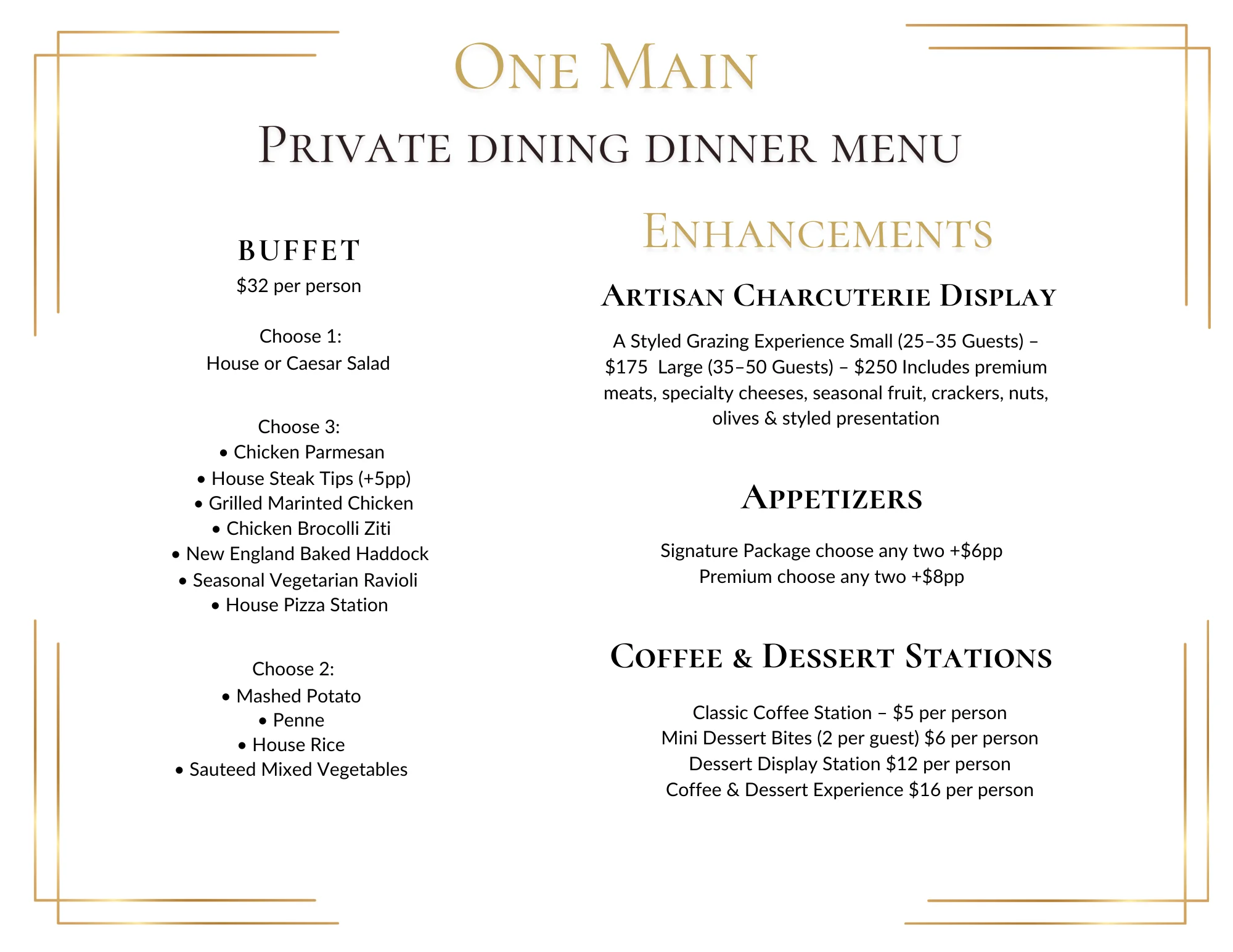 Private Events Menu