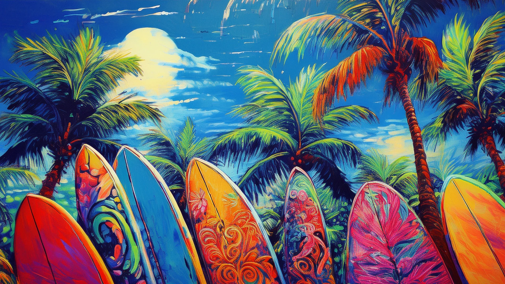 Colorful surfboards against a tropical backdrop with palm trees