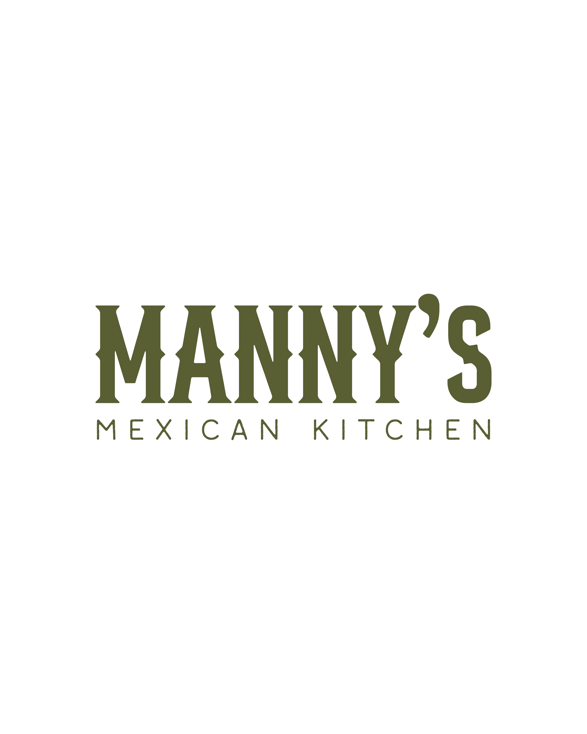 A minimalist logo that displays 'MANNY'S MEXICAN KITCHEN' in a bold font, with a dark green color scheme against a black background.