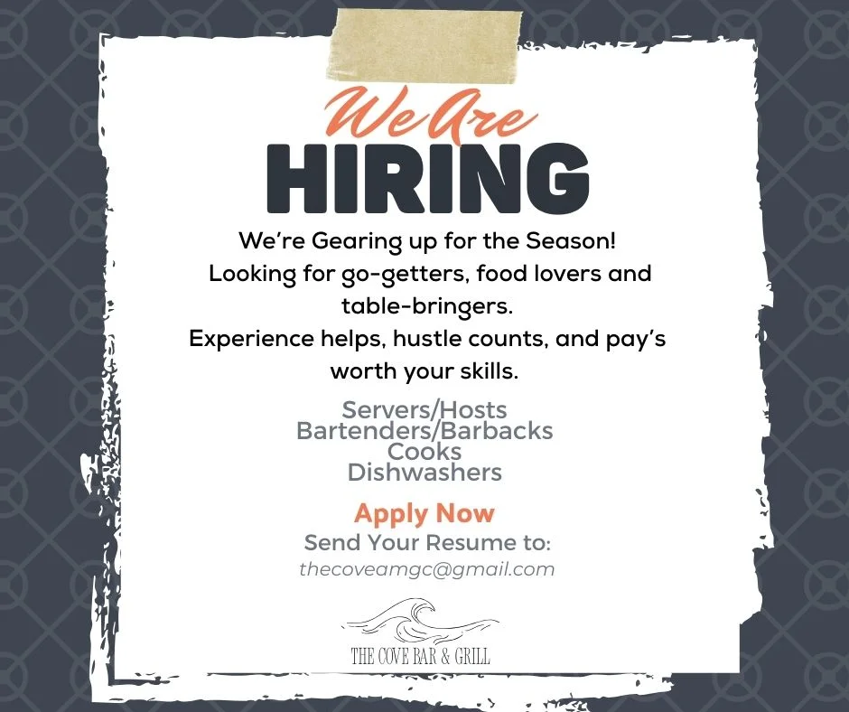 Hiring announcement for restaurant positions at The Cove Bar & Grill