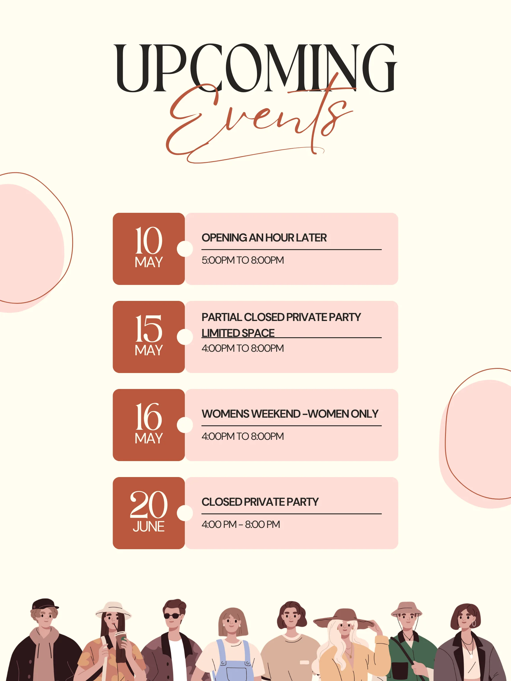 Graphic listing upcoming events at a restaurant with dates and times.